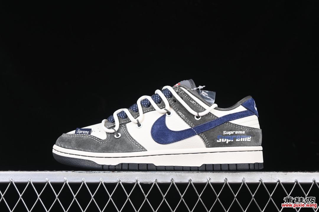 Nike SB Dunk Low Supreme联名-灰白蓝勾抽绳 周年高端定制 低帮休闲板鞋 XS1186-100